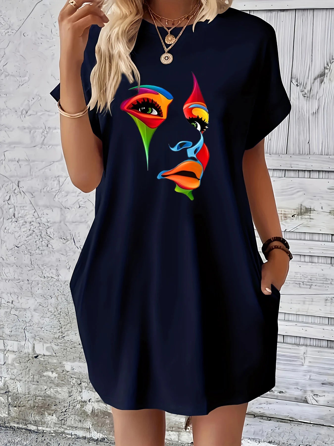 Women's Summer Loose Abstract Face Print Round Neck Short Sleeve Pocket Comfortable Casual Plus Size Dress