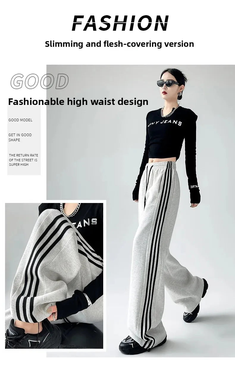 Black Striped Sports Pants Women's Spring Autumn Wide Leg Casual Loose High Waist Straight Leg Sweatpants