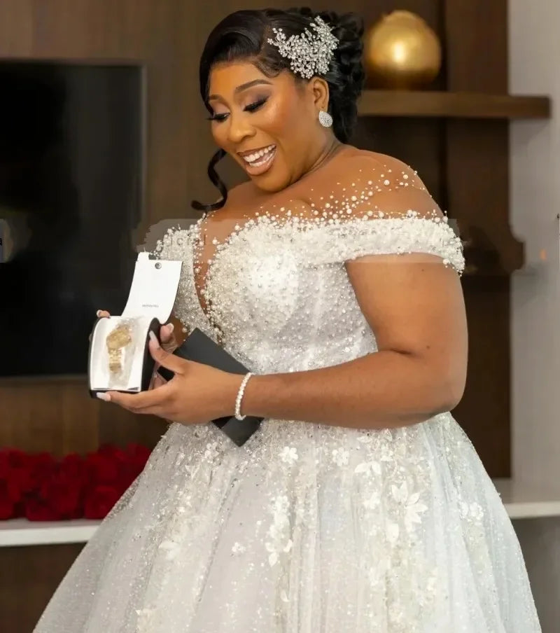 Customized Wedding Dress For Bride 2025 Sheer Neck Lace Up Back Major Beading Sequins Pearls Plus Size Women Africa Bridal Gowns