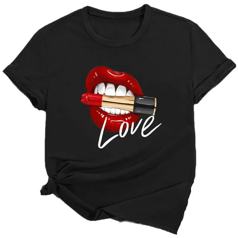 Women Tops O-neck Sexy Black Tees Kiss Lip Funny Summer Female Soft T Shirt Lips Watercolor Graphic T Shirt Top9180