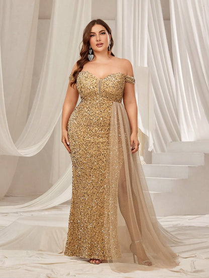Plus Size Off Shoulder Contrast Mesh Draped Sequin Formal Dress