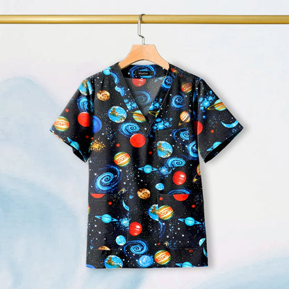 Hot Sales V-Neck Printed Scrub Tops for Women Men Nurse Uniform 100% Cotton Breathable Scrubs Uniforms Medical Blouses Wholesale