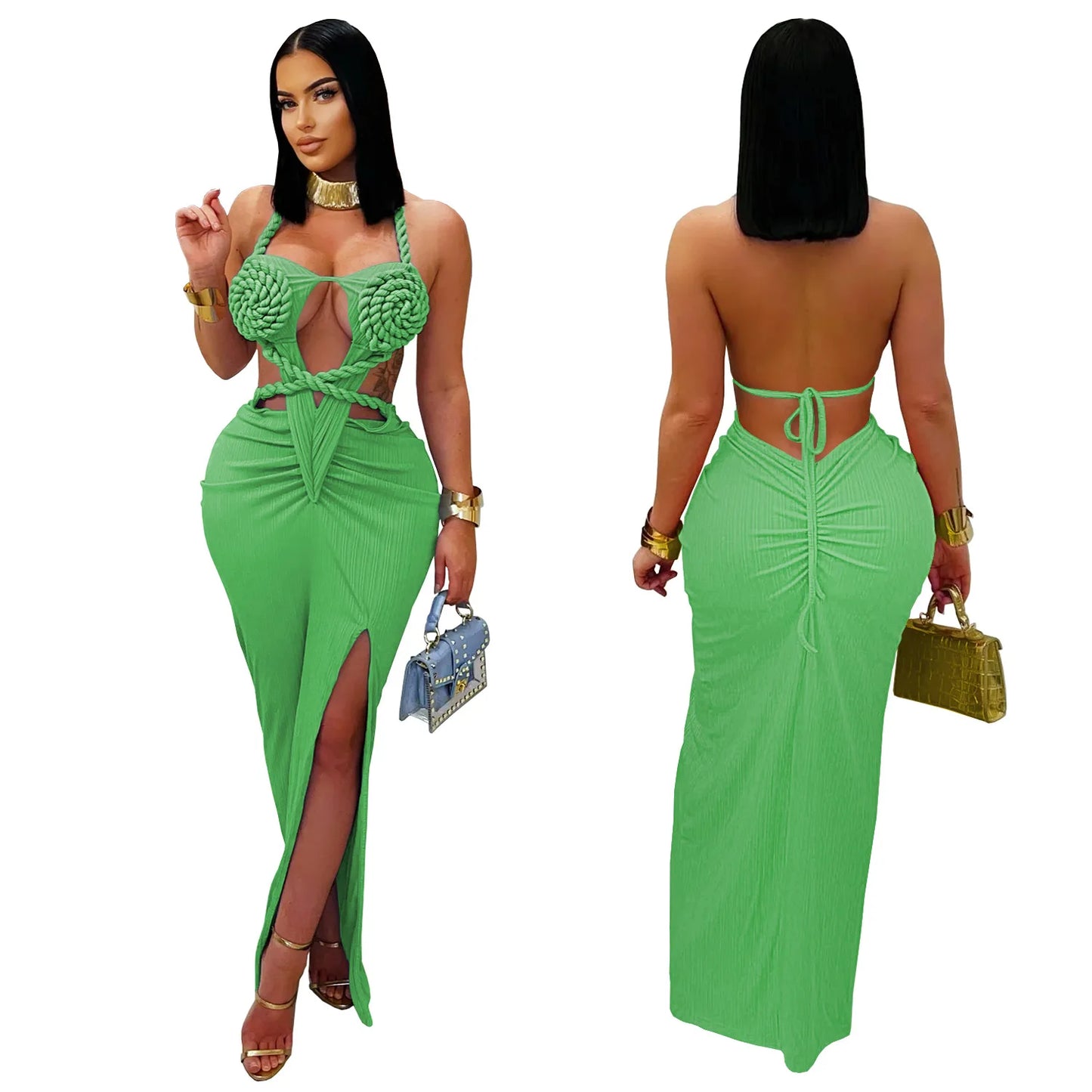 Women's Hollow Out Sleeveless Sexy Knitted Halter Neck Backless Solid Color Dress for Summer 2025