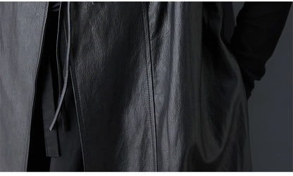 Casual Loose PU Leather Jaet Long Stand Collar Windbreaker Outerwear Faionable Design Sense Asymmetrical High-End Feeling