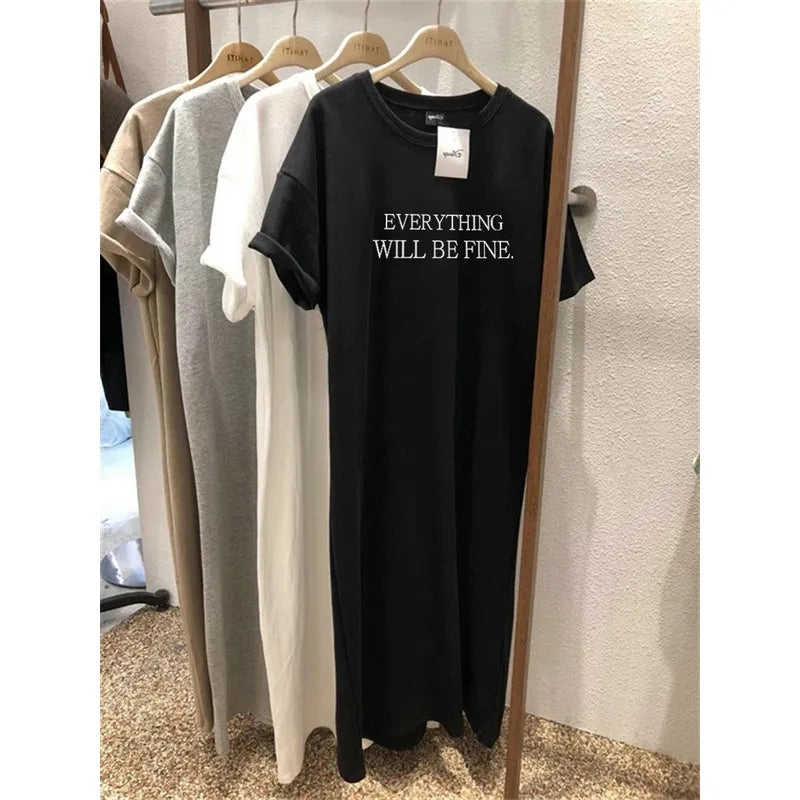 Summer Thin Plus Size Loose Short Sleeved Dress Women 2025 New Letter Printed Simple Round Neck Dress