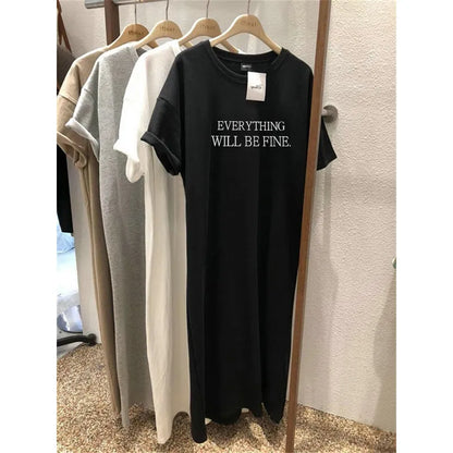 Summer Thin Plus Size Loose Short Sleeved Dress Women 2025 New Letter Printed Simple Round Neck Dress