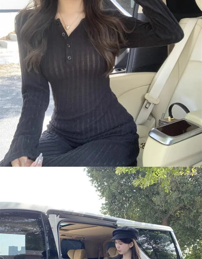 French Style Long Sleeve Knitted Dress Vintage Waist Cinching A- Line Skirt Women Autumn Winter New Arrival Slimming Inner Wear