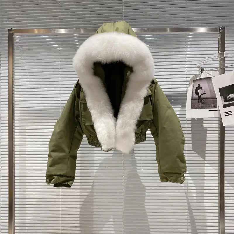 Big Fox Fur Collar Removable Rabbit Liner Short Coat Jacket for Women Winter Elastic Hem Hooded Jackets Wram Fashion Outwear