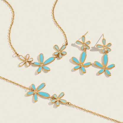 Cute Dopamine White Blue Oil Drop Diamond Flower Necklace 18K Gold-plated Stainless Steel Jewelry Set for Women Wholesale