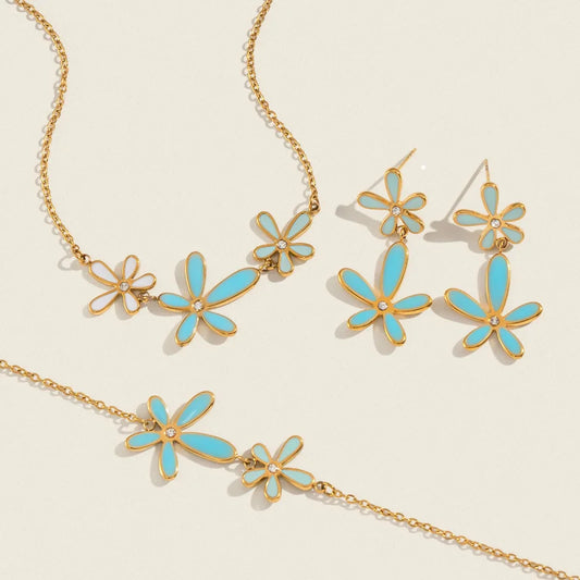 Cute Dopamine White Blue Oil Drop Diamond Flower Necklace 18K Gold-plated Stainless Steel Jewelry Set for Women Wholesale