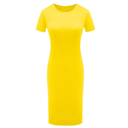 Fashion Women Short Sleeve Slim Fitting Dress Summer Solid Color Round Neck Elegant Dress Tight Robe Street Style Skinny Dress