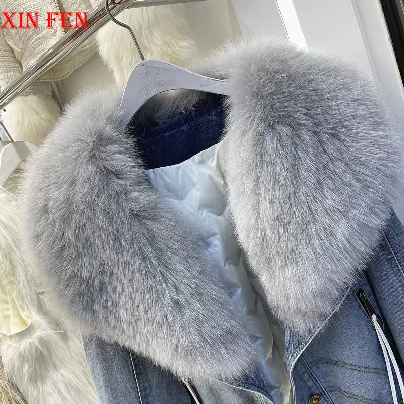 Womens Coats Spring New 100%Natural Real Fox Fur Collar Fashion Short Denim Jacket Luxury Goose Down Puffer Jackets Clothing