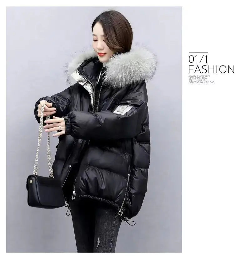 2025 Winter New Warm Down Cotton Jacket With Large Fur collar Hooded Coat Loose Women Thicken Parker Puffer Overcoat Casual wear