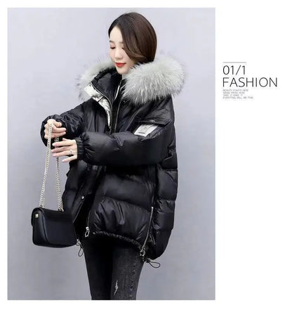 2025 Winter New Warm Down Cotton Jacket With Large Fur collar Hooded Coat Loose Women Thicken Parker Puffer Overcoat Casual wear
