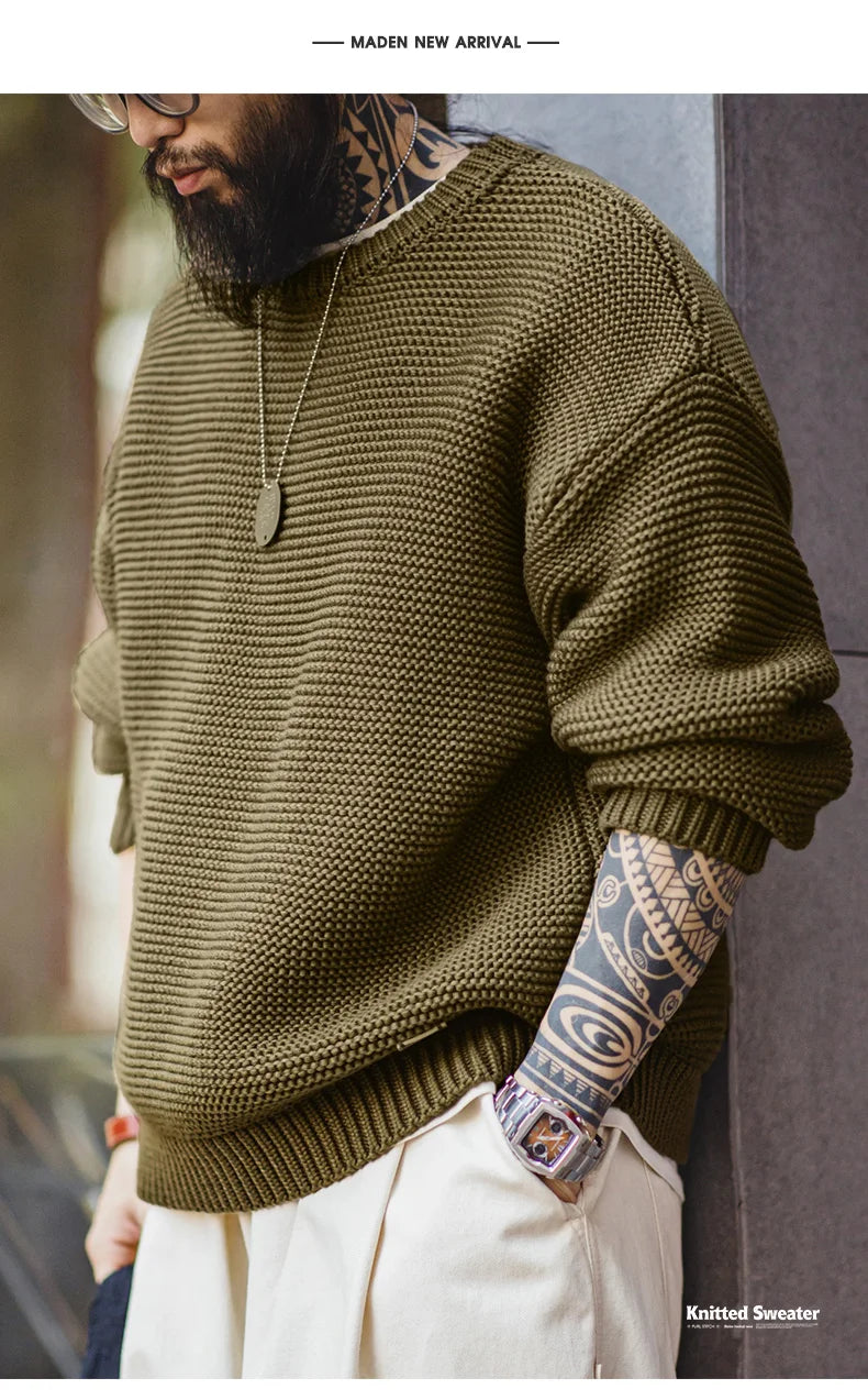 Maden Retro Heavyweight Knitted Sweater Loose Round Neck Pullover Warm Versatile Base Layer Knitwear for Men's Autumn and Winter