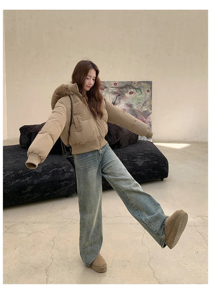 Casual Warm Fur Hooded Cropped Parkas Chic Streetwear Korean Style Down Cotton Coat Thicken Short Women's Winter 2025 Jacket