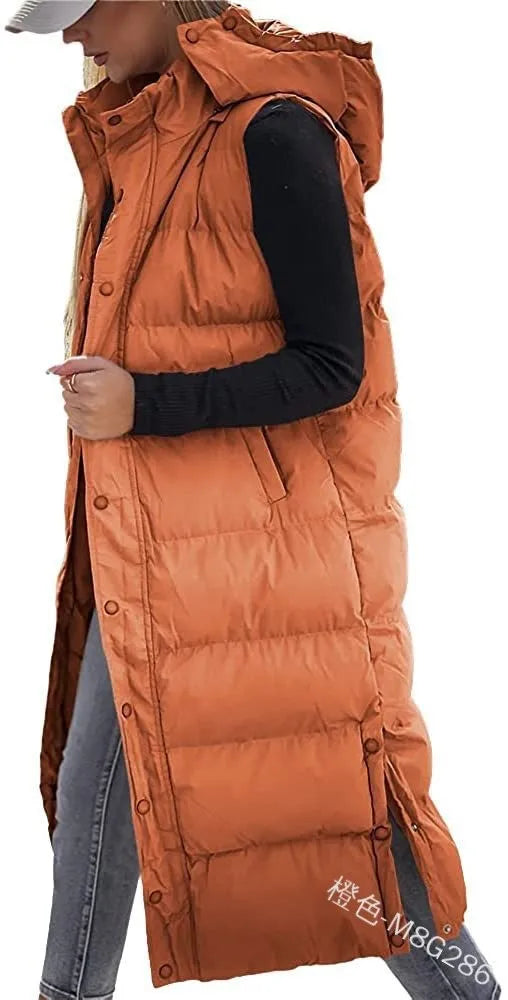 Women Solid Loose Zip Cardigan Parkas 2023 Autumn Winter Parkas Vest Coat Women Sleeveless Hooded Single Breasted Long Vest Coat