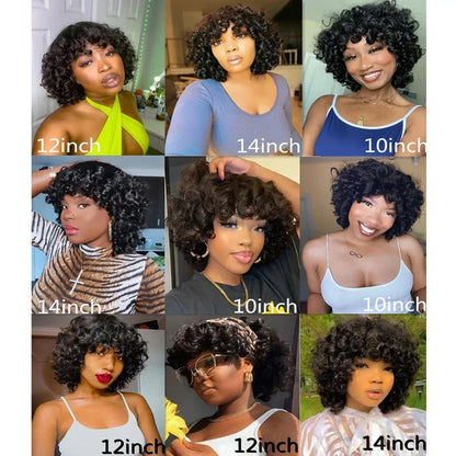 Short Curly Bob Wig Human Hair With Bangs Ready to Go Glueless Bouncy Curly Human Hair Wigs Machine Made Afro Wigs for Women