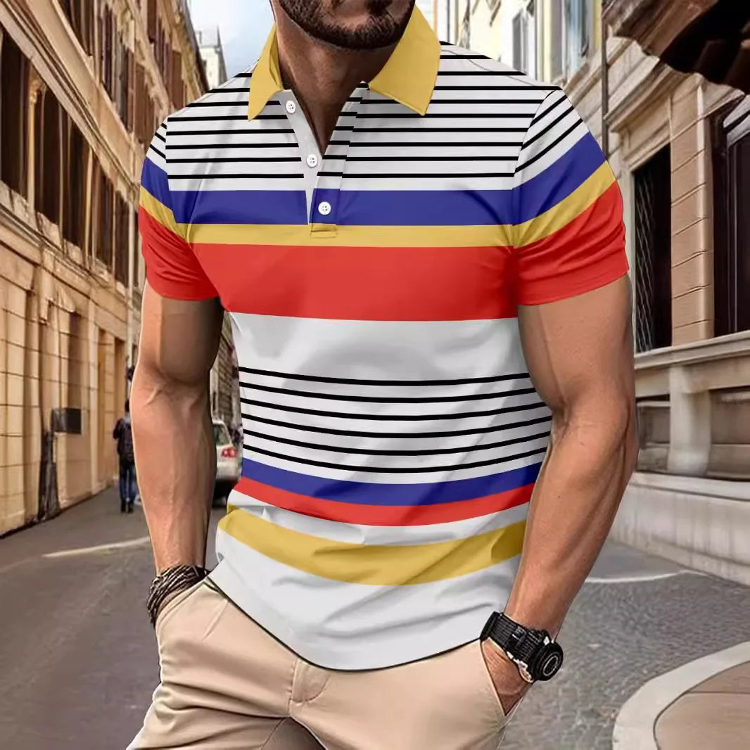 2025European and American ins cross-border 2024 summer new men's striped lapel short sleeved polo shirt casual contrasting polo