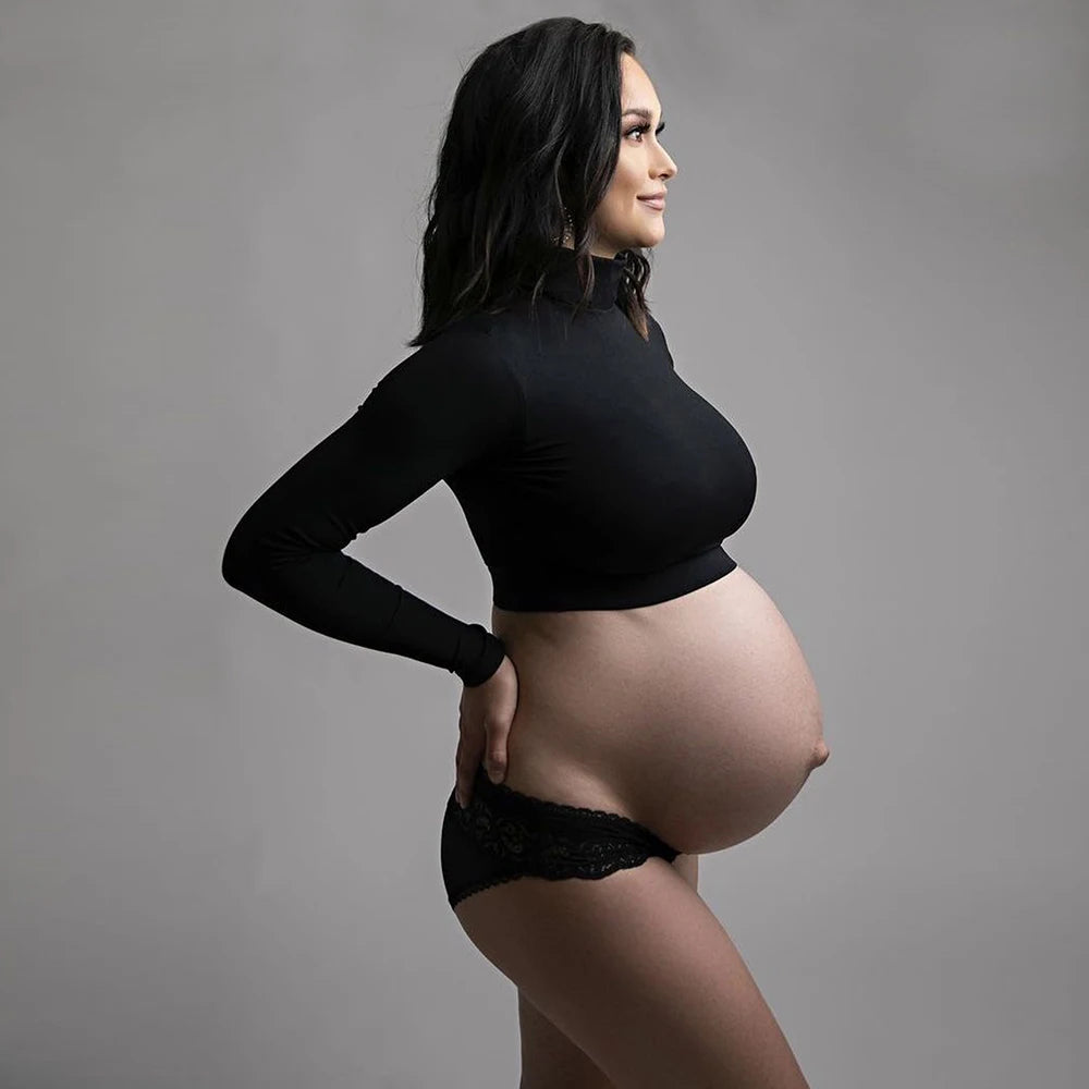 Maternity Long Sleeve T Shirts Womens Mock Neck Seamless Slim crop Tops For Pregnant photo shoot