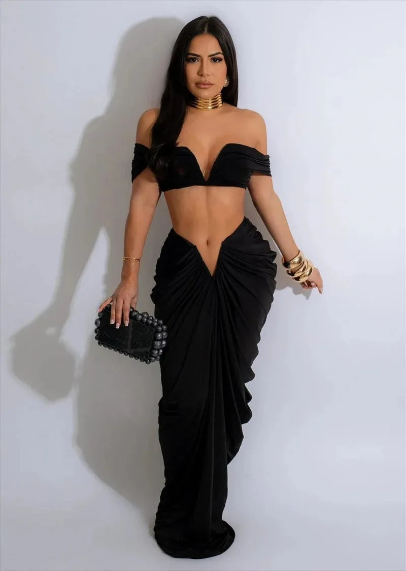 Sexy Party Night Ruched Maxi Dress Sets for Women Two Piece Set Sexy Club Outfits Slash Neck Crop Top + Long Skirt Matching Sets