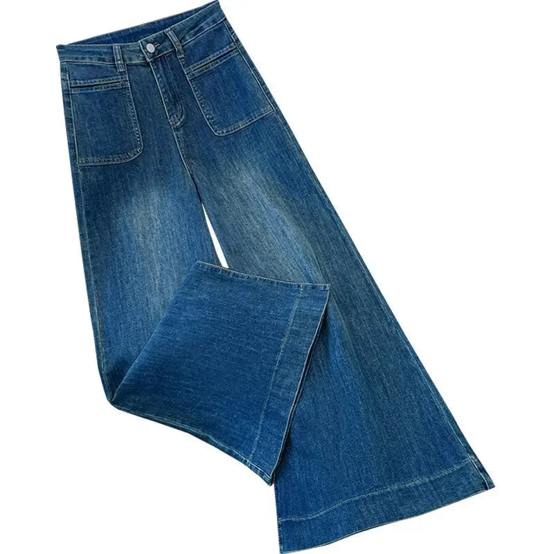 Retro High Waist Bell Bottom Jeans Women's Spring 2025 New Loose Wide Leg Denim Pants Slimming Effect Vintage Style