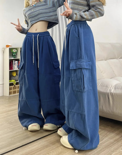 Deep Blue Pure Cotton Work Trousers Loose Wide Leg Floor-Length Women's Style Spring Summer Casual Pants Trendy Fashion
