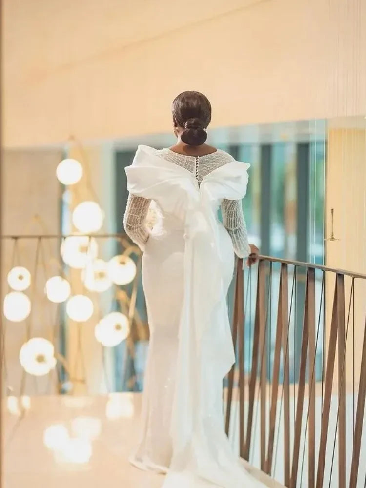 Customized Sparkly African Mermaid Wedding Dresses Long Sleeves Lace Women Shiny Bridal Gowns For Black Girls