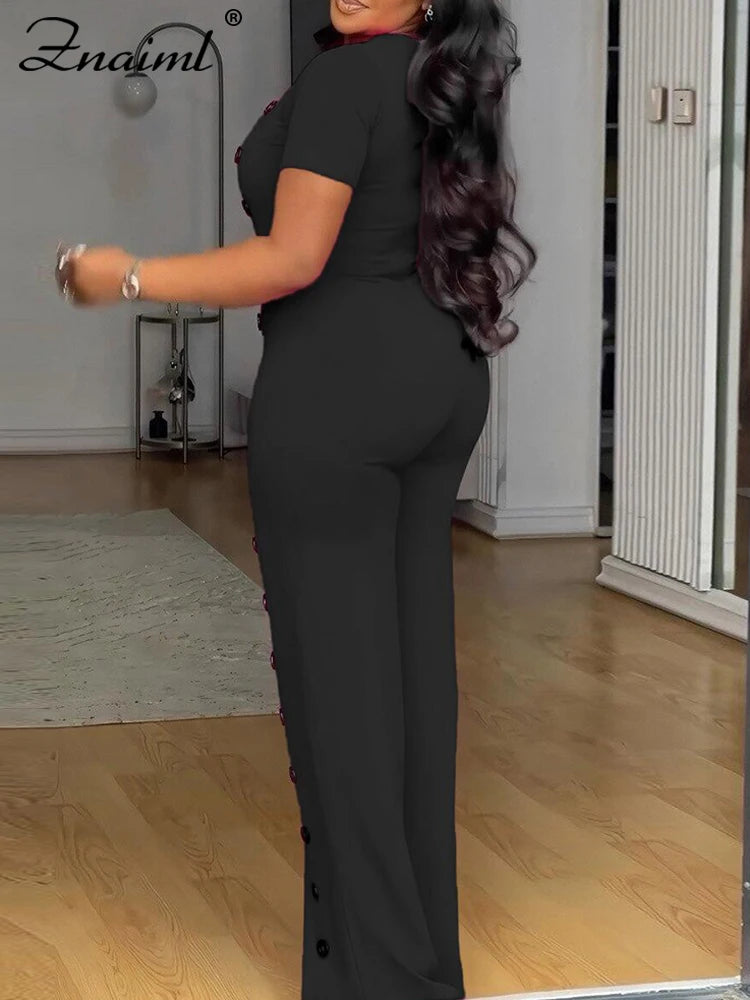 Znaiml Women Elegant Long Jumpsuits for Party Summer Short Sleeve Buttons Solid Color Wide Leg Pants Rompers One Pieces Overalls