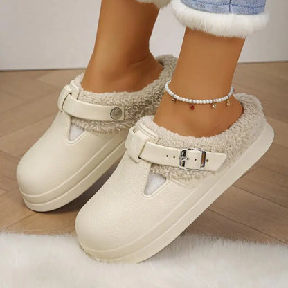 Waterproof Eva Furry Mules Slippers Women 2025 Winter Metal Buckle Warm Plush Slippers Soft Thick Bottom Non Slip Indoor Slides