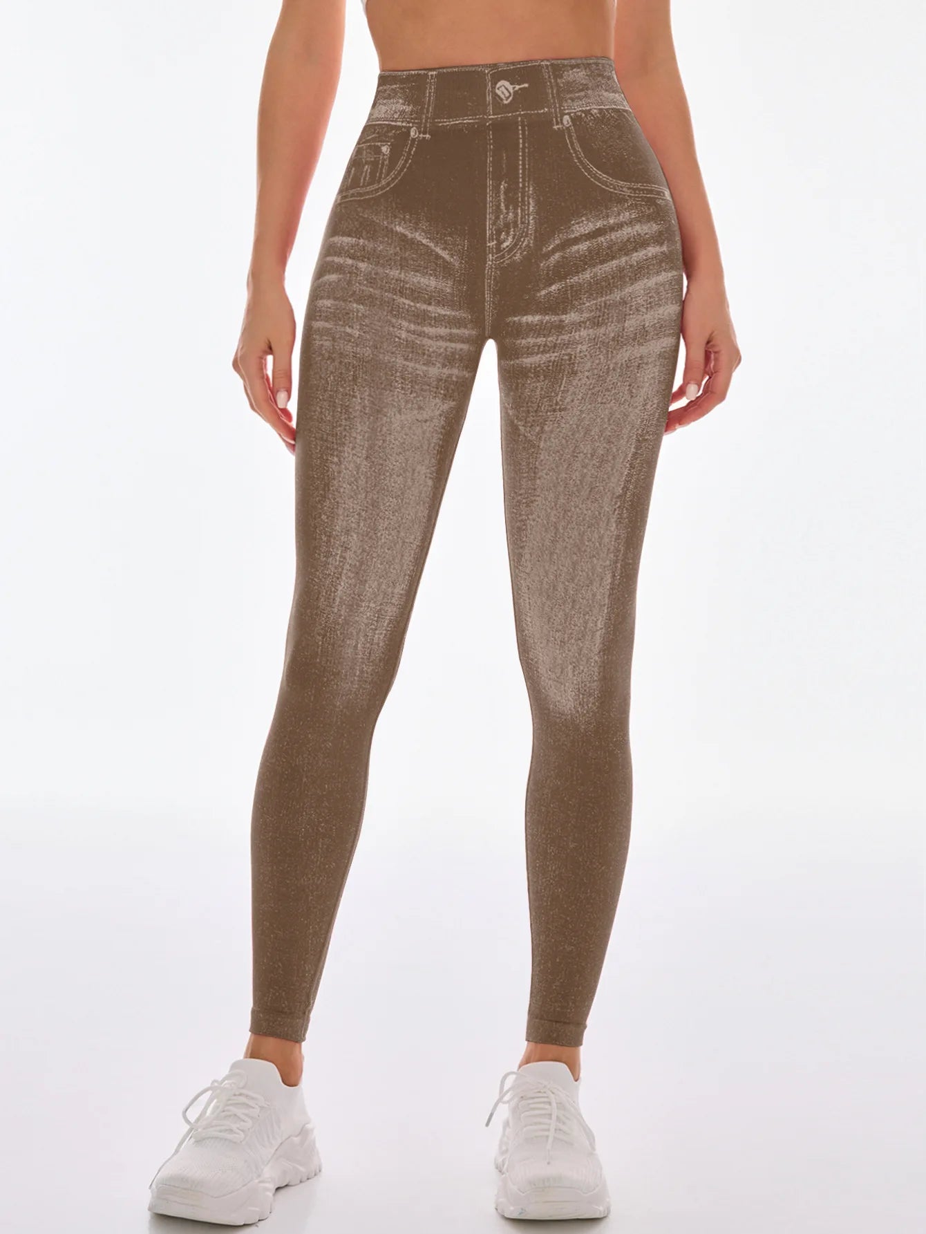 Women V Back Gym Leggings Faux Denim Jeans  Athletic Workout Leggins Elastic Seamless Training Yoga Pants Sports Fitness Tights