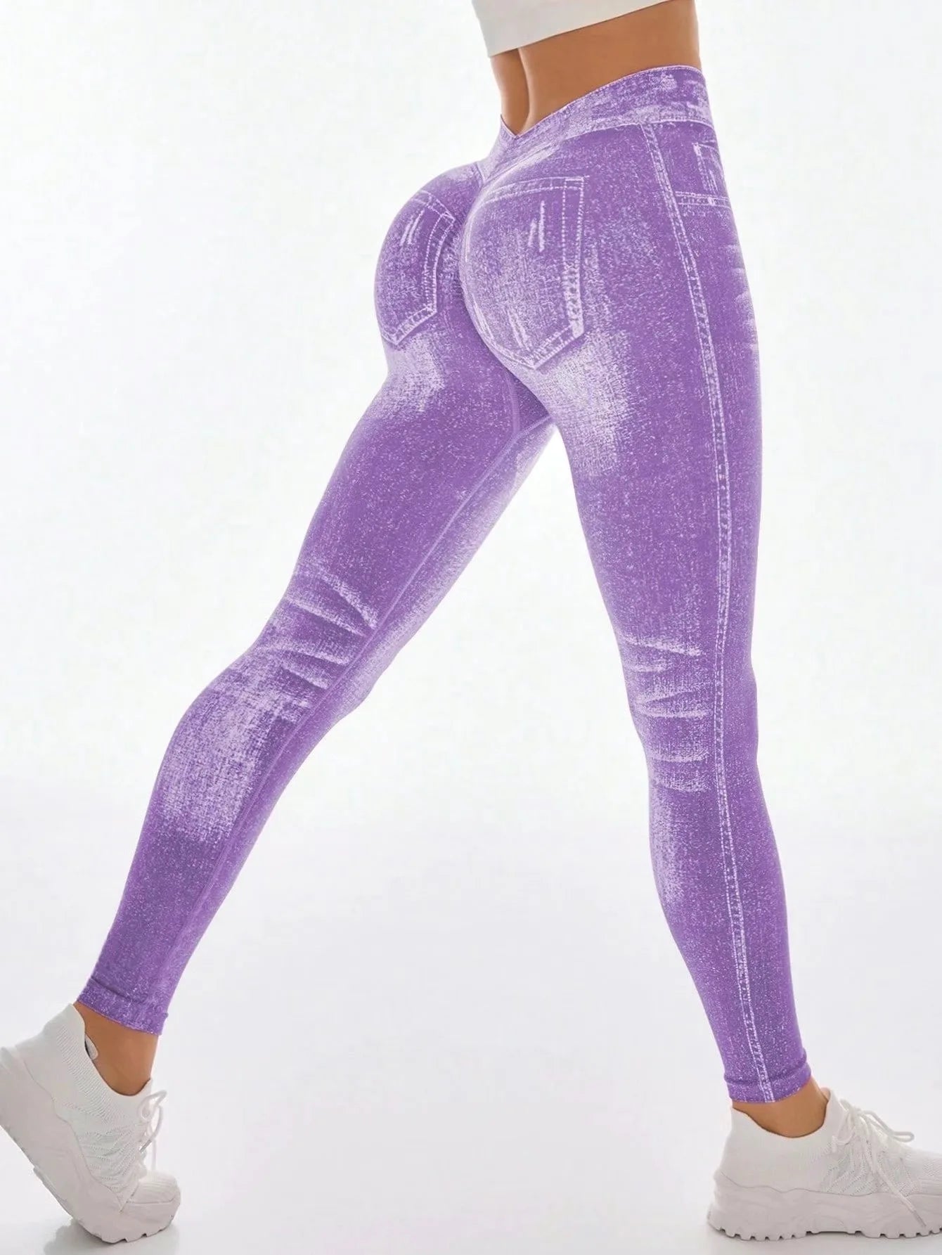 Women V Back Gym Leggings Faux Denim Jeans  Athletic Workout Leggins Elastic Seamless Training Yoga Pants Sports Fitness Tights