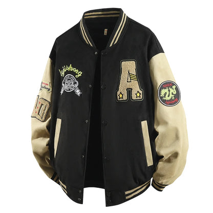Hip Hop Men's Suede Embroidered Varsity Jacket Color Block Letter Graphic Long Sleeve Baseball Jacket Bomber Coat