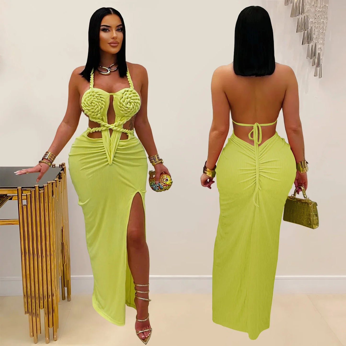 Women's Hollow Out Sleeveless Sexy Knitted Halter Neck Backless Solid Color Dress for Summer 2025