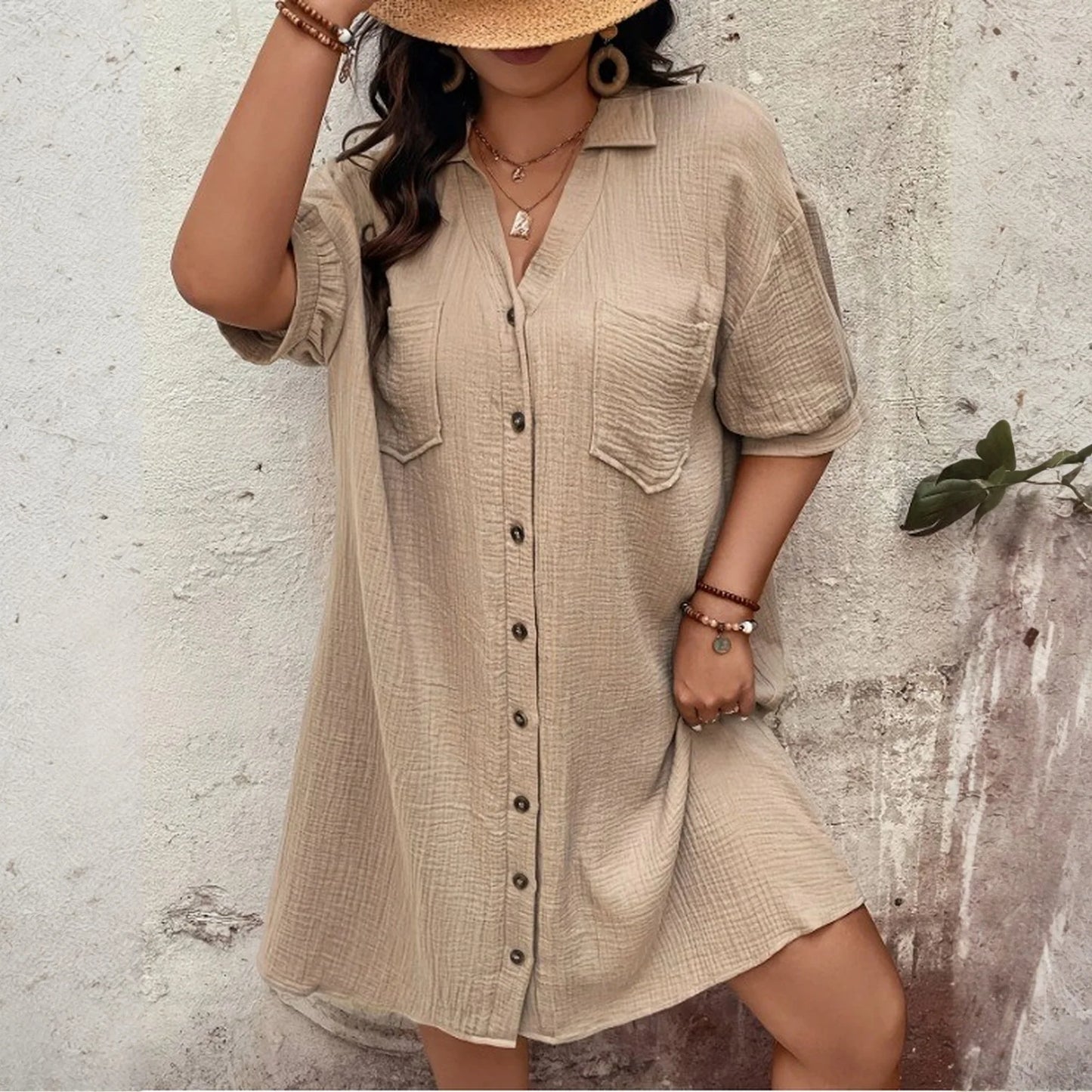 New Women'S Fashion Casual Solid Color Buttoned Mid-Length Short Sleeve Loose Dress Vestidos Para Mujer Ropa De Mujer 신상원피스