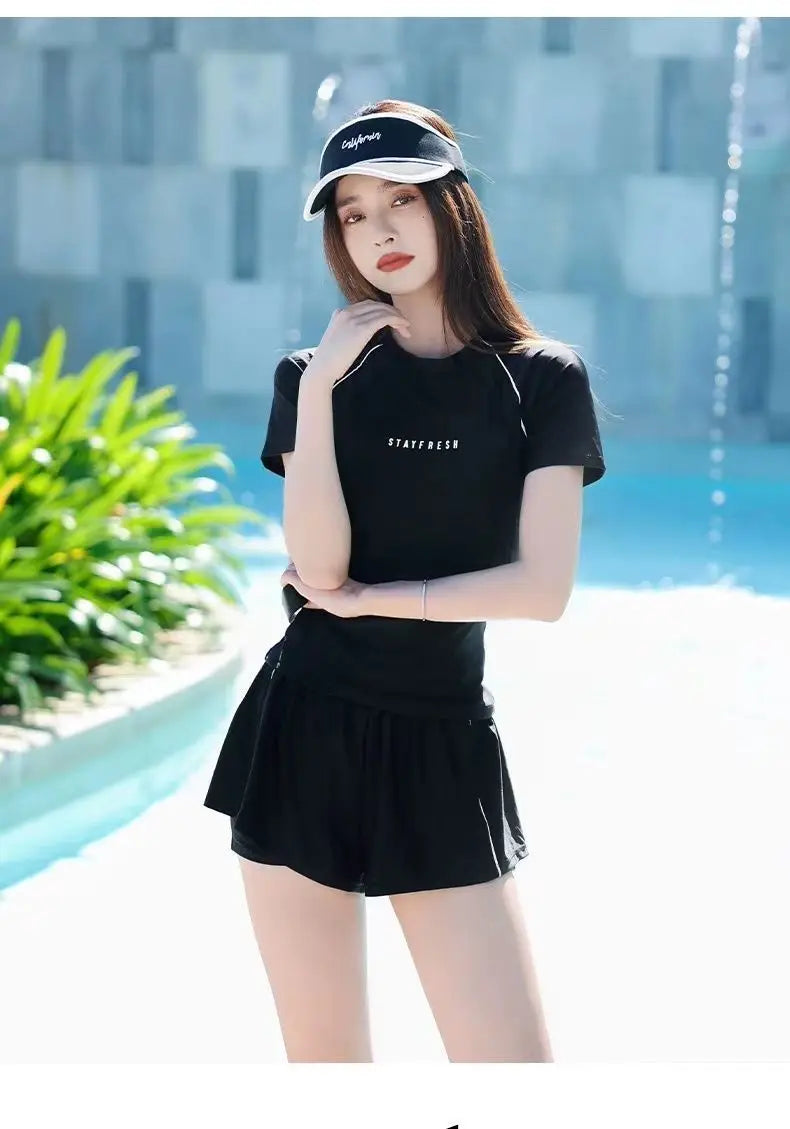 Sports Swimsuit, Swimsuit, Women's New Plus Size Two-piece Set, Short Sleeved, Student Hot Spring Conservative Swimsuit