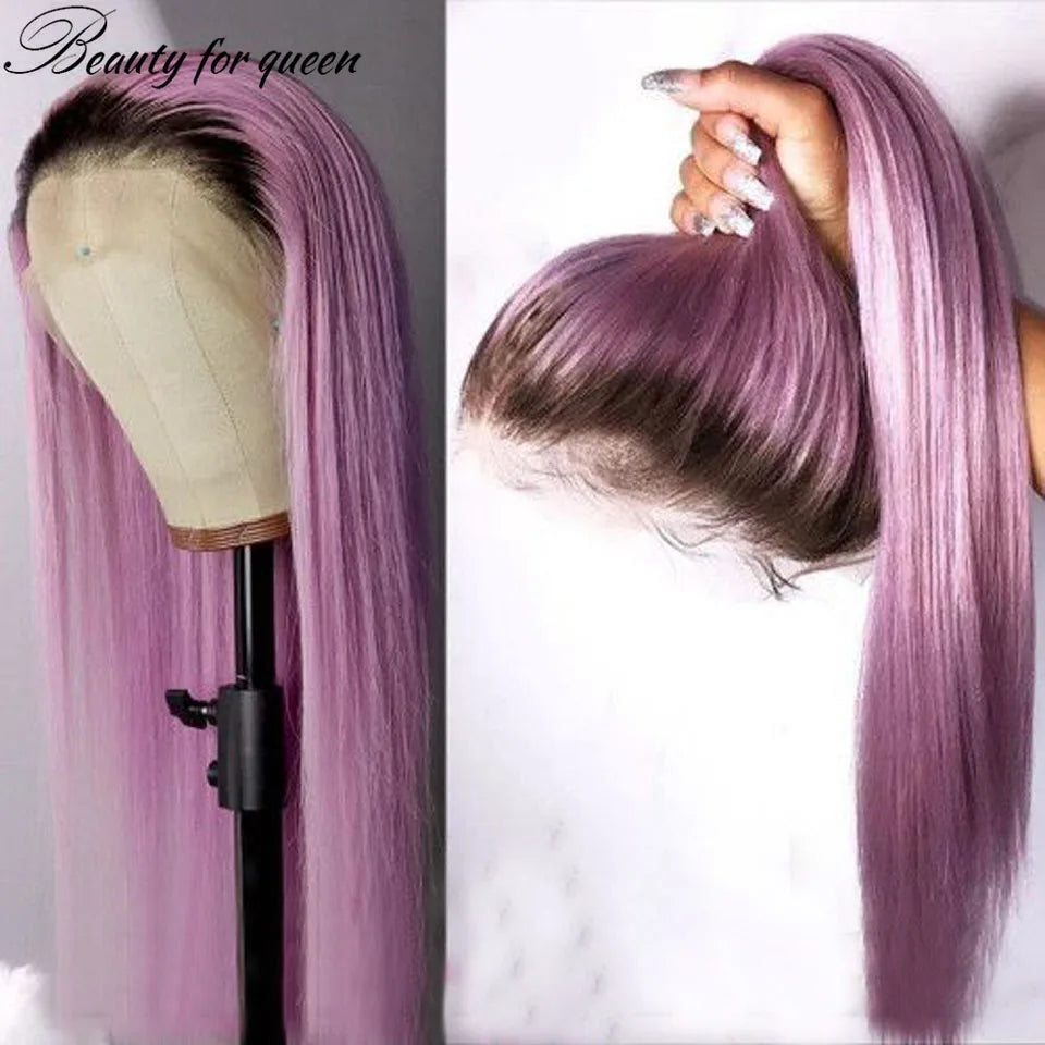 Straight Pink With Dark Roots Wigs Lace Front Human Hair Wigs For Women Transparent Lace Frontal Wigs Brazilian Hair Pre Plucked