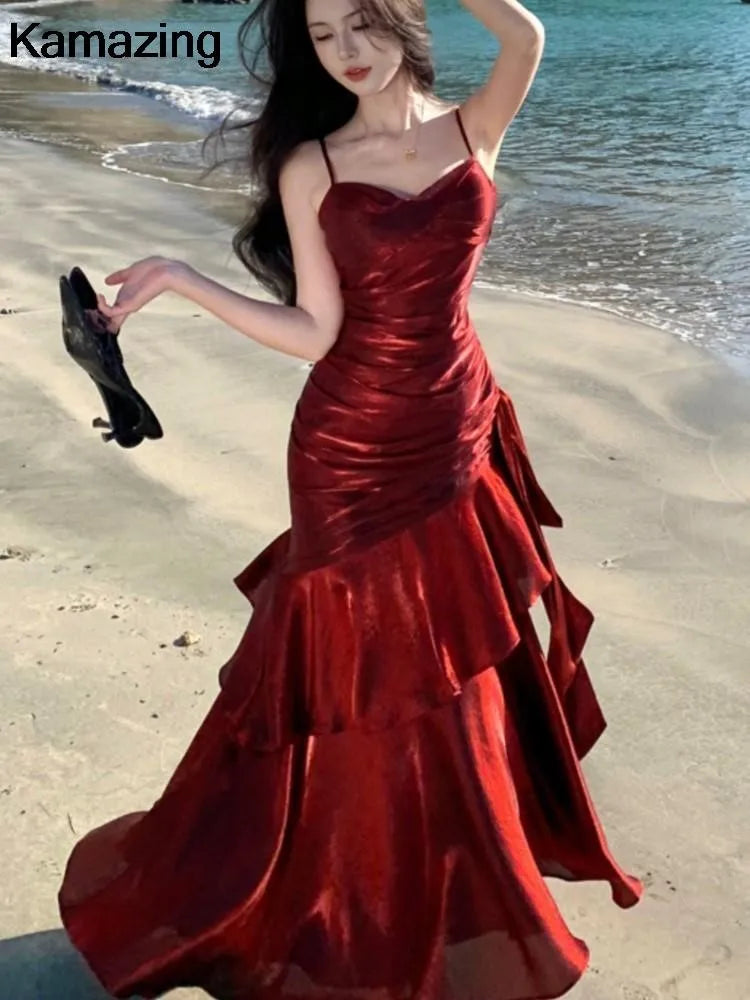 Sexy Solid Spaghetti Strap Sleeveless Evening Dresses Elegant Ruffles Party Long Dress For Women Summer Slim Beach New Vestidos