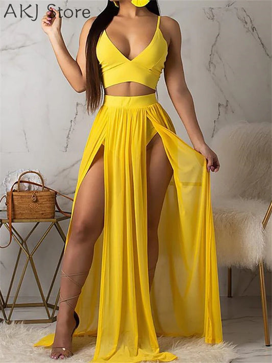 Women Sexy Yellow Solid Sleeveless V-Neck Holiday Two-Piece Suit Set Spaghetti Strap Crop Top & Maxi Slit Skirt Sets