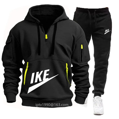 2025 new men's autumn and winter hoodie set fitness sports multi-zipper long-sleeved hooded jumper + 2 sets of casual pants