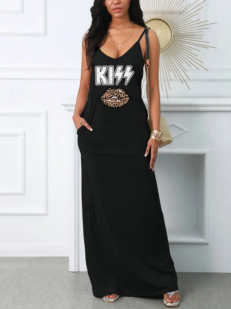 Women's Summer Sexy Suspender Printed Dress Pocket T-shirt Style Mini Dresses Summer Casual Loose Dress Vestidos