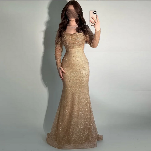 Customized Sweetheart Evening Dresses Pleat Draped glitter Sequined Beading mermaid Prom Gown Off The Shoulder Long Party Dress