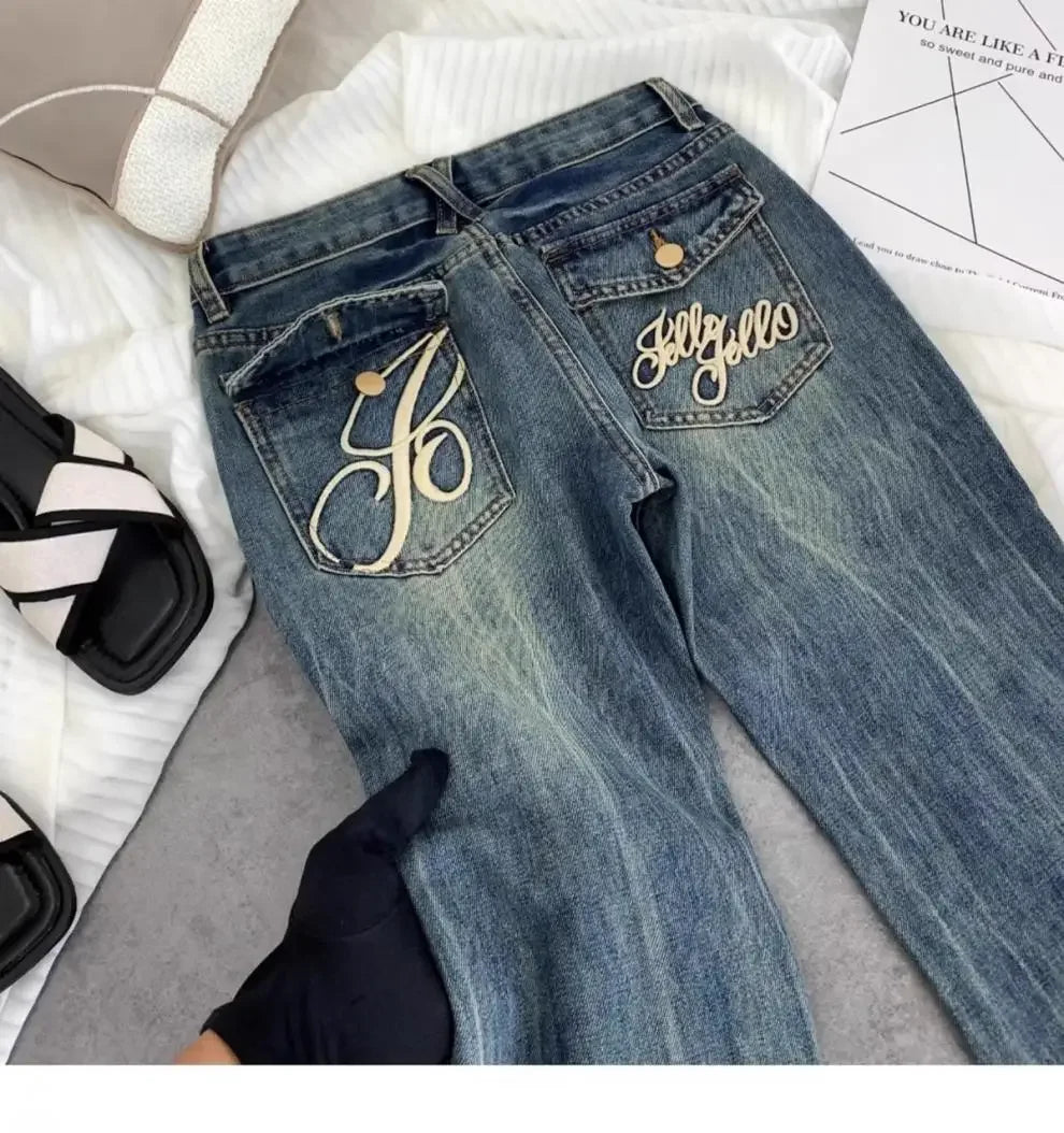 American Retro Low-waisted Jeans Female Autumn New Embroidery Old Casual Fashion Temperament Slim Joker Bell Bottoms.
