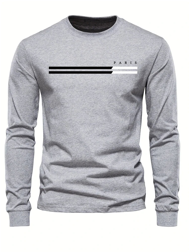 Men's Spring And Fall Fashion Casual Long-sleeved T-shirt Loose PARIS Letters Printed Pullover Round Neck Long Sleeve Sweatshirt
