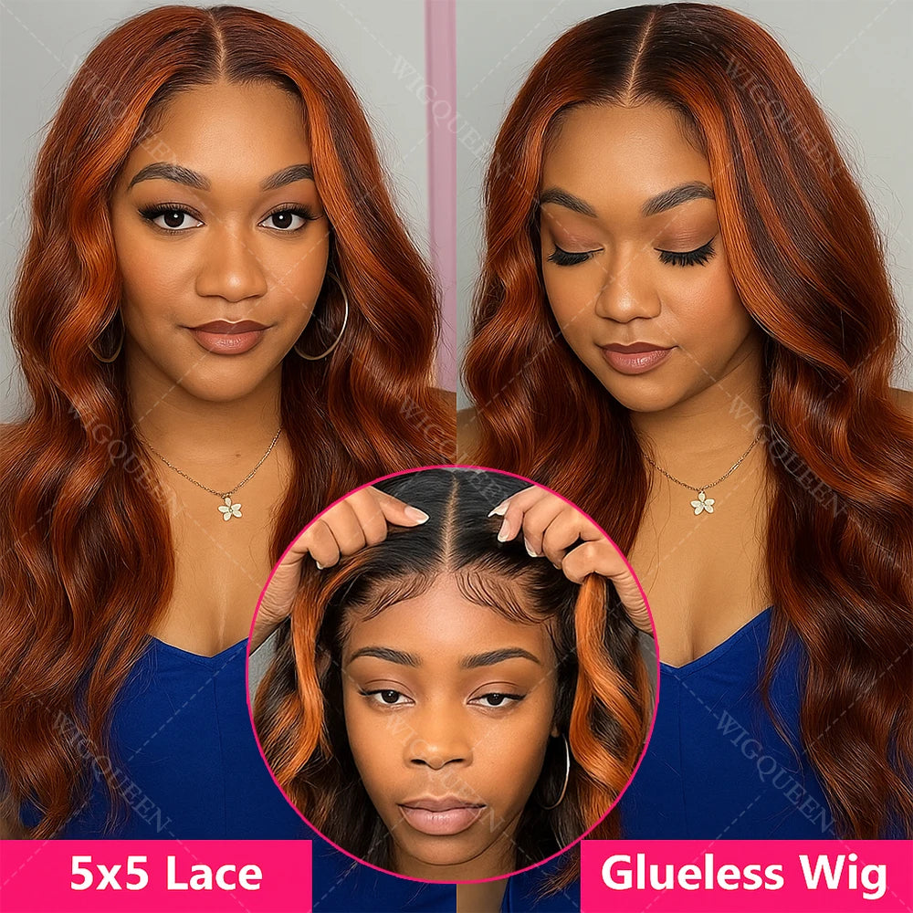 No Silk Highlight Ombre Lace Front Wig Human Hair 200% Density #4/350 Brown With Ginger Body Wave Lace Front Wigs Human Hair