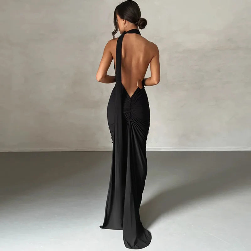Dulzura One Shoulder Backless Ruched Slim Ribbon Long Dress Women Solid Sexy Elegant Dress Evening Party Club Prom Summer Outfit