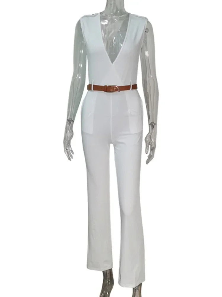 Business Formal Jumpsuit Work Wear Women Romper Elegant Long Deep V Neck Sleeveless High Waist Wrap Jumpsuits Fashion Streetwear