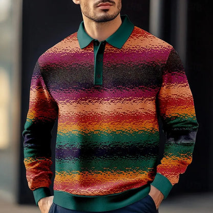 2025 Fashion Men's Stripe Gradient Long Sleeve Polo Shirt Breathable Casual Tops Slim Fit Quick Drying Classic Collar Polo Shirt