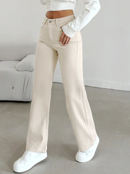 Women's autumn jeans, made of cotton denim, in a beige apricot color, straight-leg, slim fit, high-waisted, elastic waistband