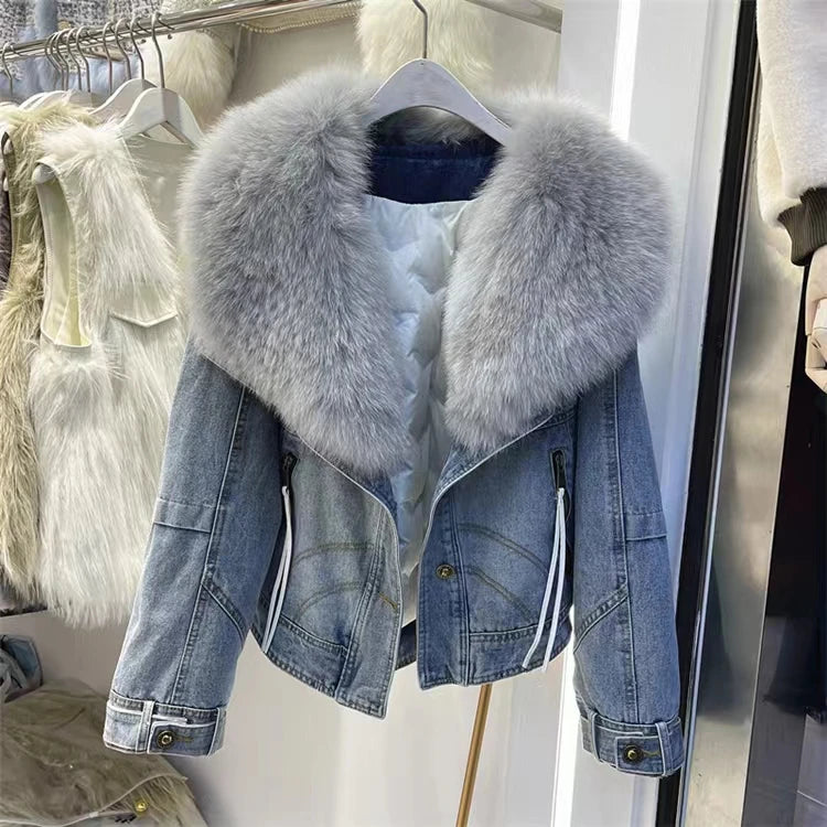Womens Coats Spring New 100%Natural Real Fox Fur Collar Fashion Short Denim Jacket Luxury Goose Down Puffer Jackets Clothing
